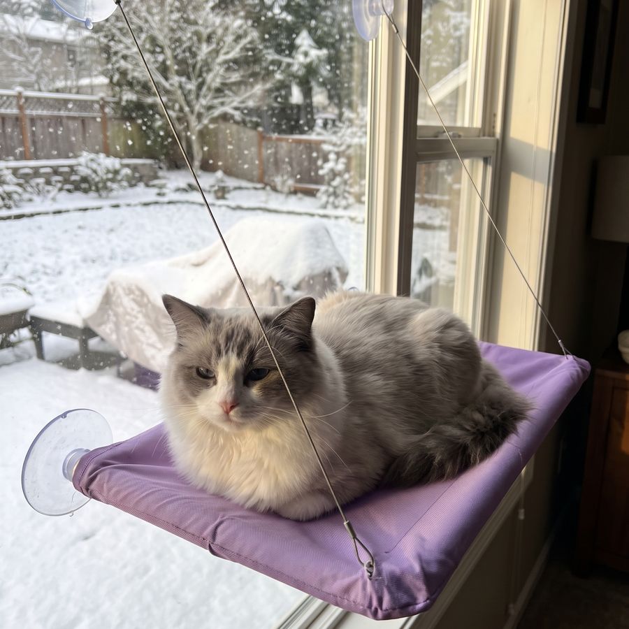 Cat relaxing on the purple window hammock while it snows outside