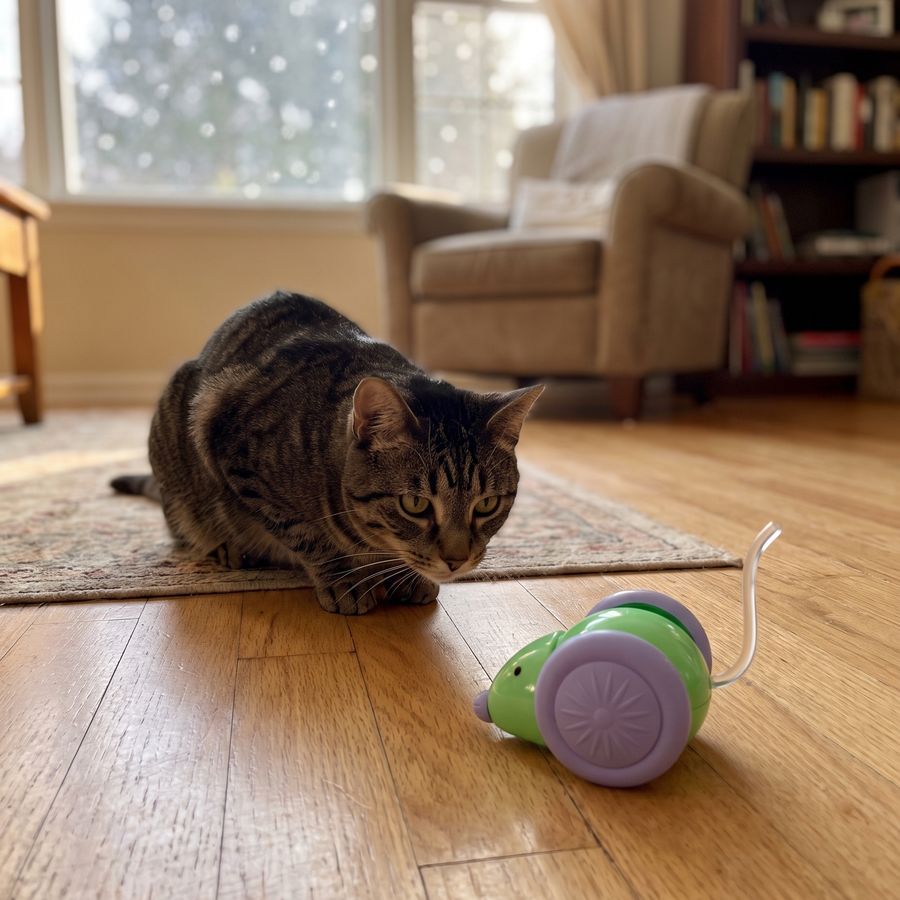 Tabby cat about to pounce on the green self-running mouse