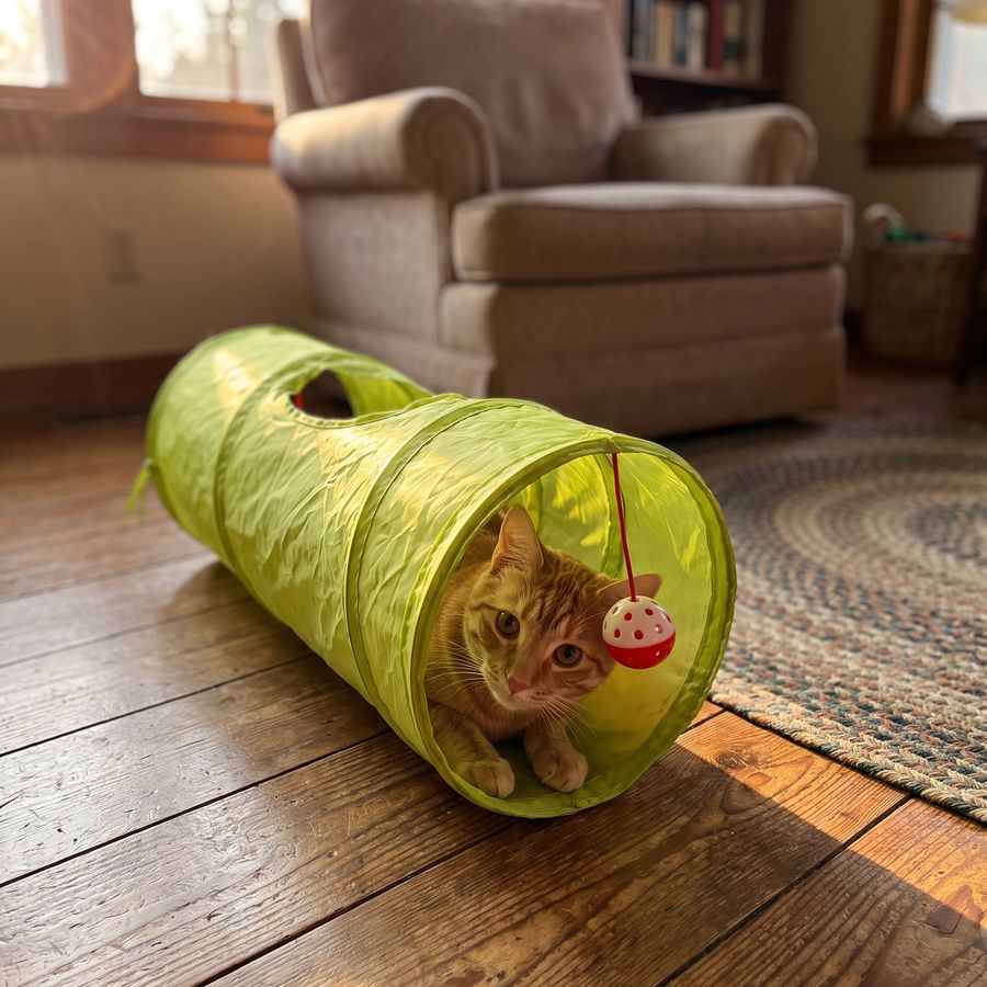 Orange cat peeking out of the green crinkle tunnel