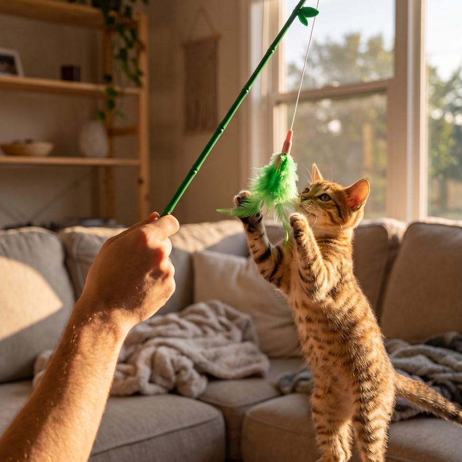 Kitten jumping for the green feather wand