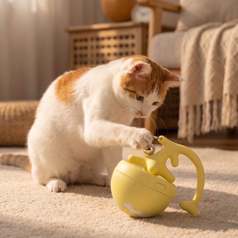 Cat batting the bell on the yellow wobble toy